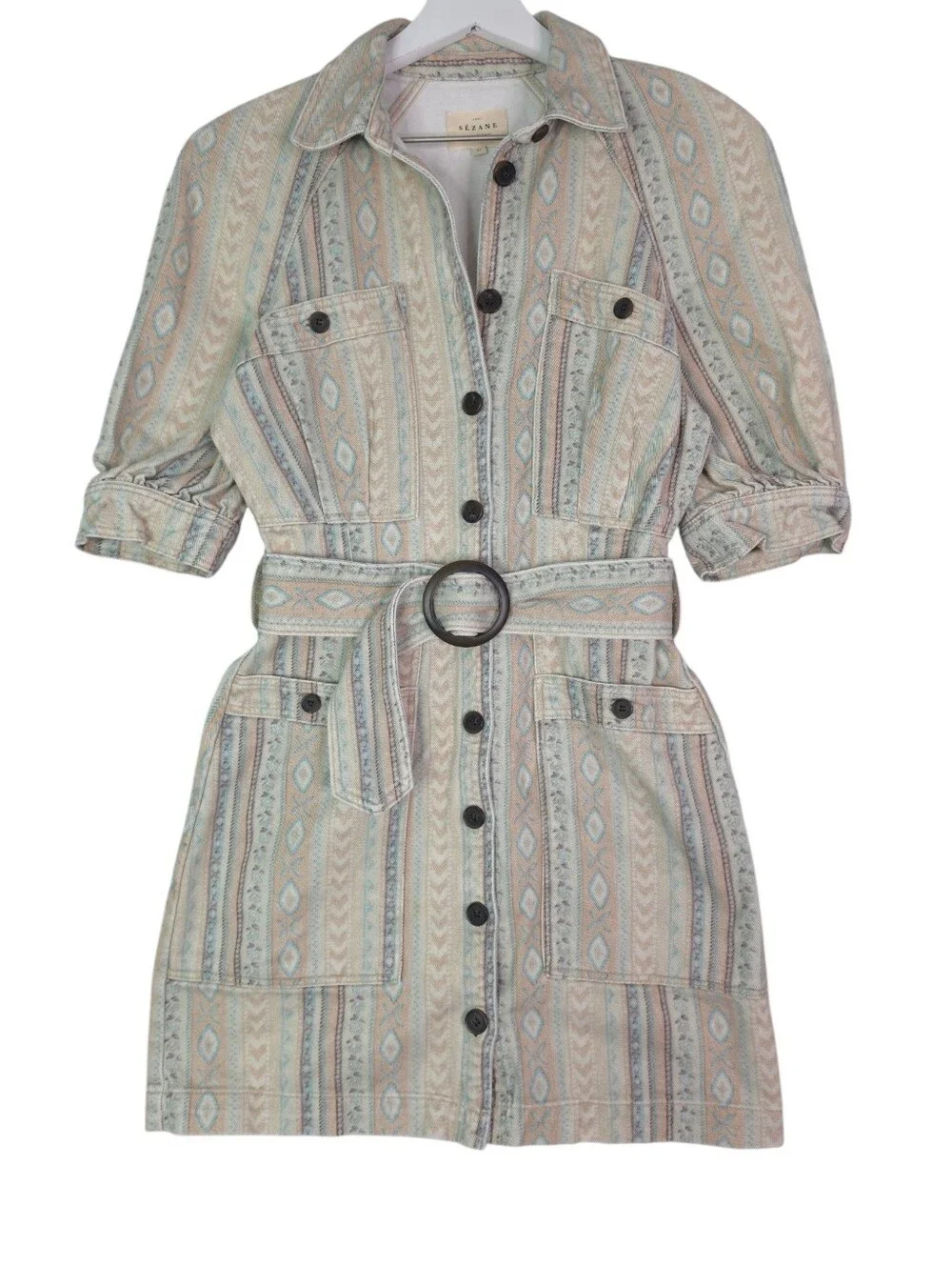 Sezane Ren Denim Southwestern Print Mini Dress